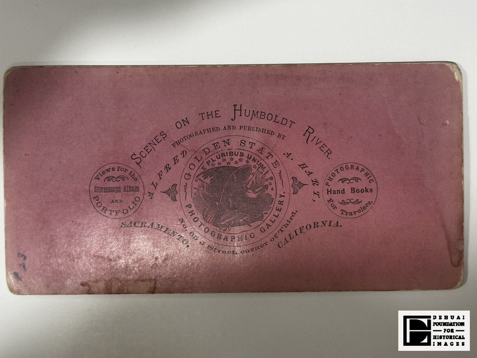 TFA-CA-103 — Verso: printed backmark of Alfred A. Hart’s Golden State Photographic Gallery, Sacramento.